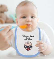BK Kids Kişiye Özel Mekanın Sahibi Tasarımlı Mavi %100 Pamuklu Askılı Sıfır Kol Bebek Body Zıbın ve Mama Önlüğü Hediye Seti