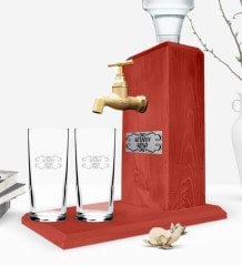 Kişiye Özel İkili Rakı Bardağı ve Musluklu Doğal Ahşap Rakı Standı - Kırmızı