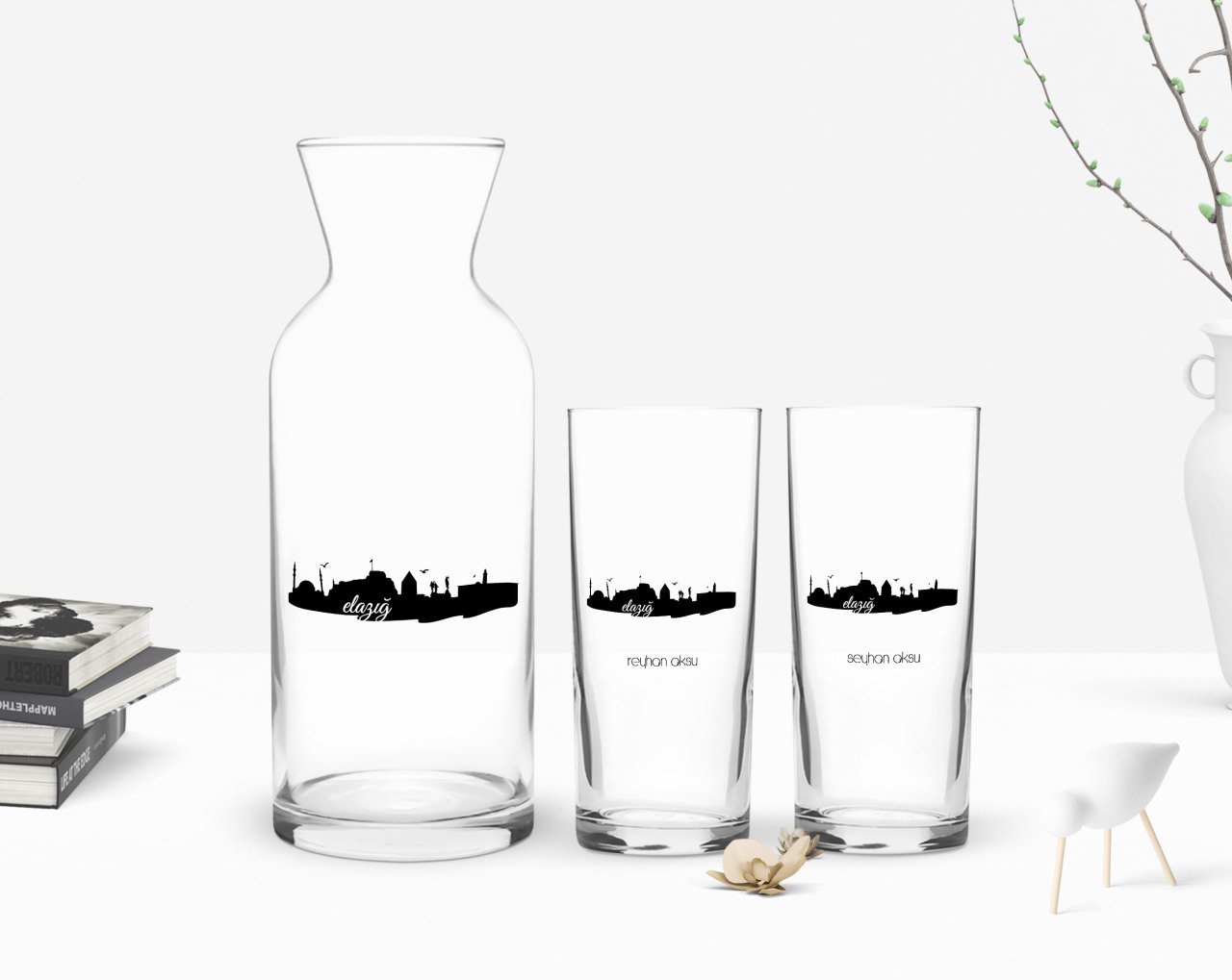Kişiye Özel Renkli Baskılı Elazığ Tasarımlı Turistik İkili Rakı Bardağı ve Karaf Hediye Seti-2
