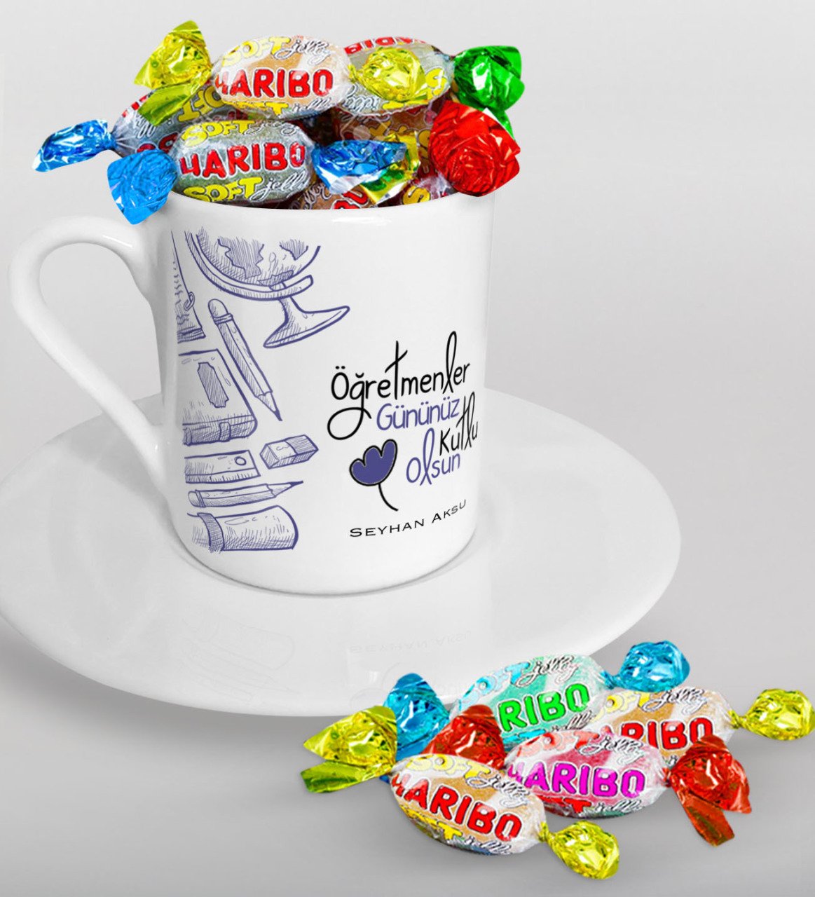 Kişiye Özel Öğretmenler Günümüz Kutlu Olsun Türk Kahvesi Fincanı ve Haribo Şeker Hediye Seti-6