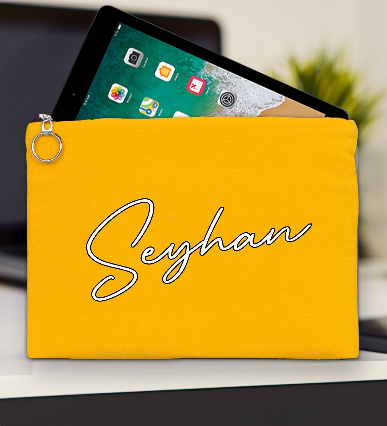 BK Gift Kişiye Özel İsimli-6 Sarı Tablet Çantası 30x21cm, Ipad Çantası, Baskılı Tablet Kılıfı