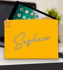 BK Gift Kişiye Özel İsimli-6 Sarı Tablet Çantası 30x21cm, Ipad Çantası, Baskılı Tablet Kılıfı