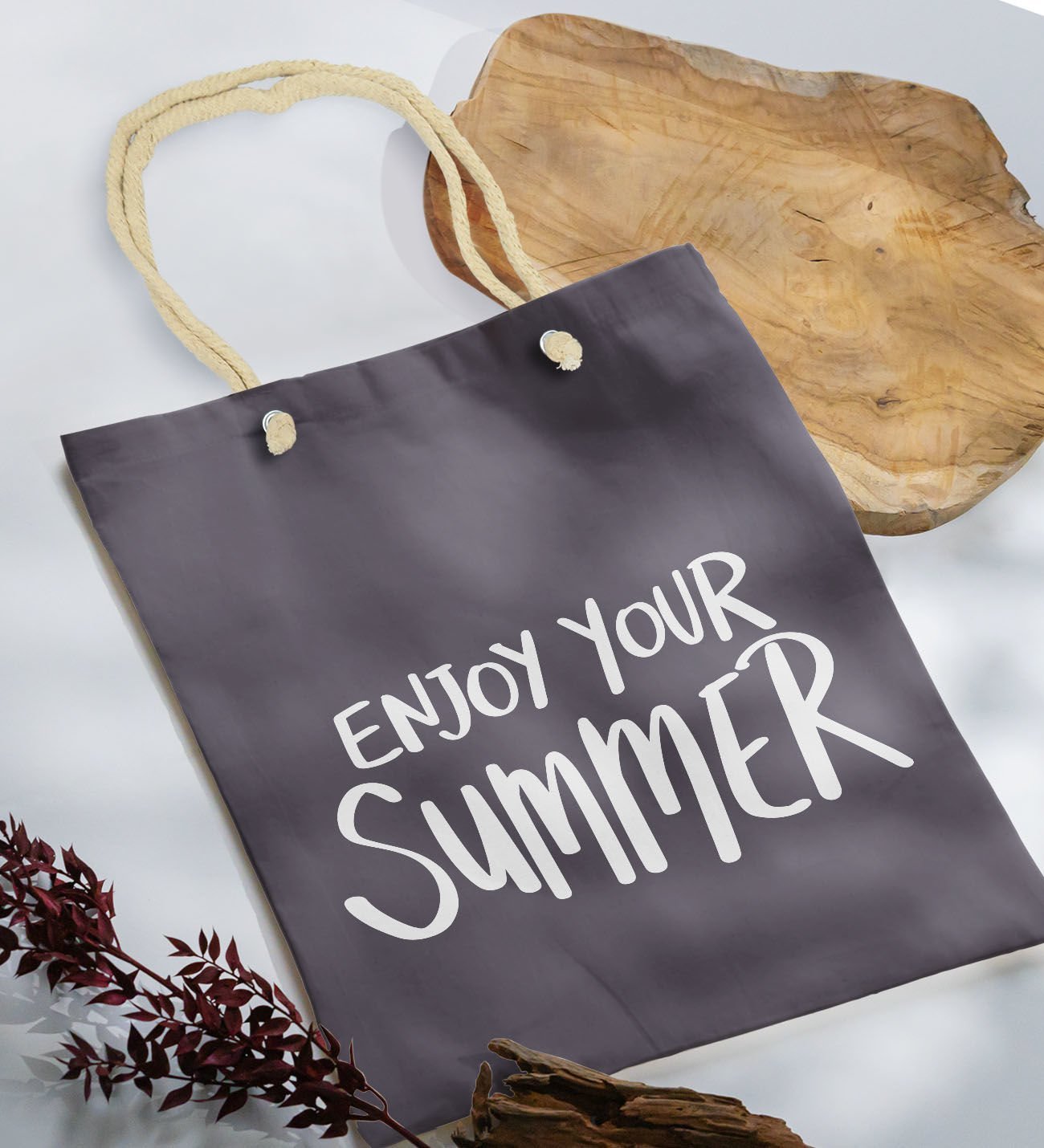 BK Gift Yaz Temalı Antrasit Halat Saplı Kumaş Plaj Çantası -6, Baskılı Omuz Çantası, Alışveriş Çantası, Arkadaşa Hediye, Sevgiliye Hediye
