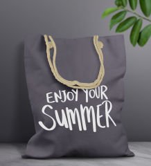BK Gift Yaz Temalı Antrasit Halat Saplı Kumaş Plaj Çantası -6, Baskılı Omuz Çantası, Alışveriş Çantası, Arkadaşa Hediye, Sevgiliye Hediye