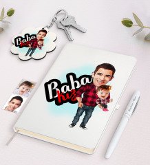 Kişiye Özel Baba Kız Karikatürlü Beyaz Defter Kalem ve Anahtarlık Hediye Seti-4