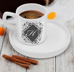 BK Gift Kişiye Özel Sunum Tabaklı Harfli Kahve Fincanı-6, Sevgiliye Hediye, Aileye Hediye, Arkadaşa Hediye
