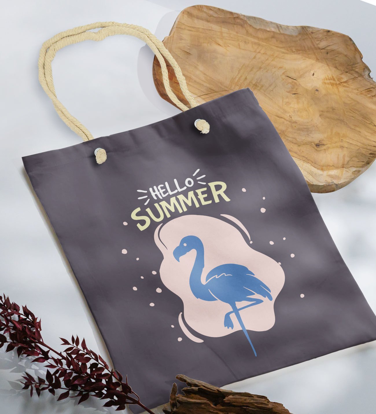 BK Gift Yaz Temalı Antrasit Halat Saplı Kumaş Plaj Çantası -7, Baskılı Omuz Çantası, Alışveriş Çantası, Arkadaşa Hediye, Sevgiliye Hediye