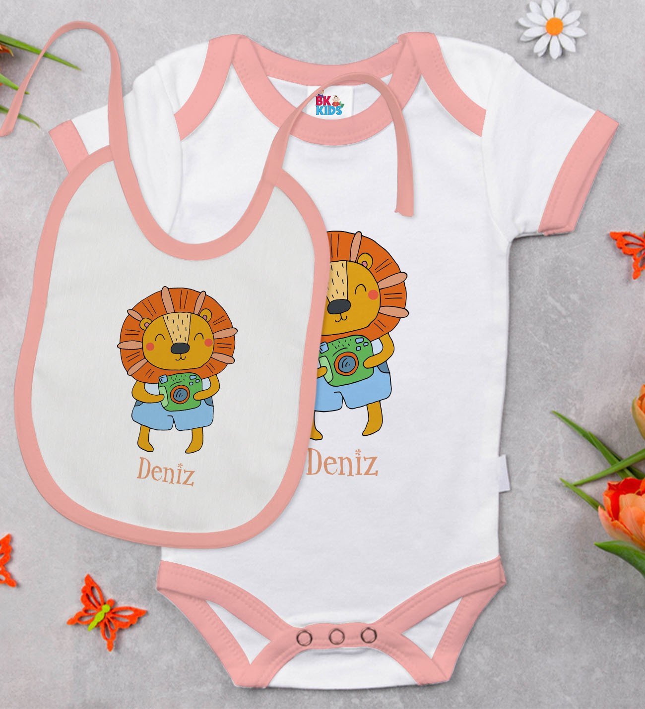 BK Kids Kişiye Özel İsimli Pembe Bebek Body Zıbın ve Mama Önlüğü Hediye Seti-23