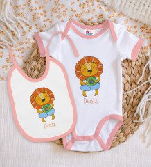 BK Kids Kişiye Özel İsimli Pembe Bebek Body Zıbın ve Mama Önlüğü Hediye Seti-23