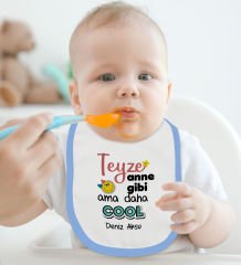 BK Kids Kişiye Özel Teyze Anne Gibi Tasarımlı Mavi %100 Pamuklu Askılı Sıfır Kol Bebek Body Zıbın ve Mama Önlüğü Hediye Seti