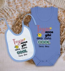 BK Kids Kişiye Özel Teyze Anne Gibi Tasarımlı Mavi %100 Pamuklu Askılı Sıfır Kol Bebek Body Zıbın ve Mama Önlüğü Hediye Seti