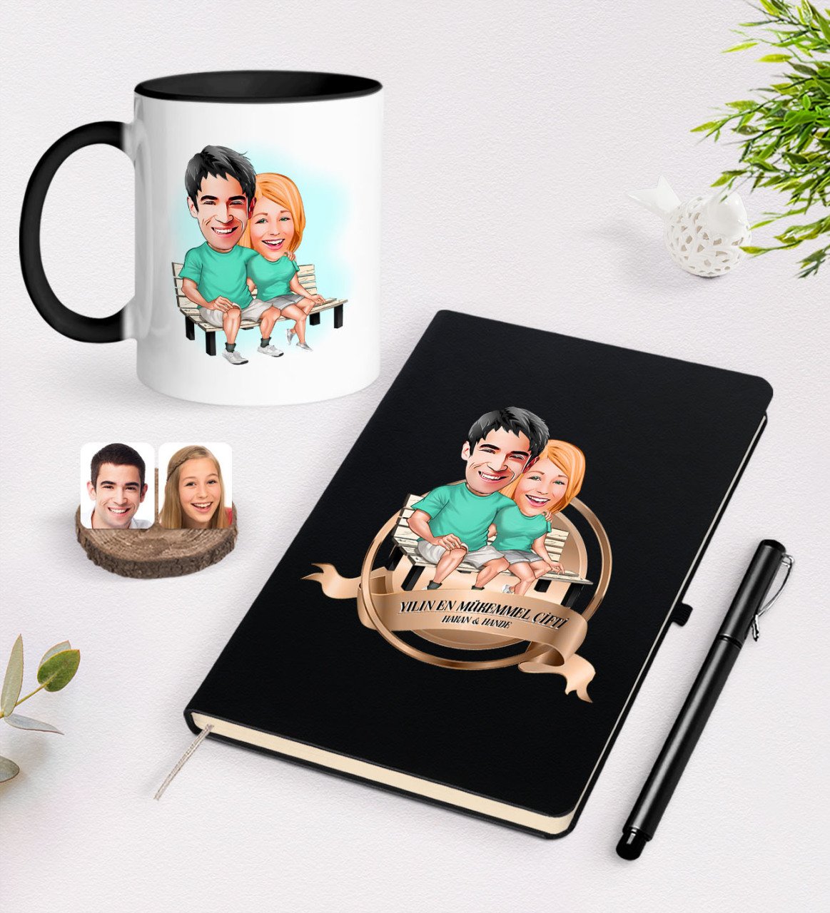 Kişiye Özel Yılın En Mükemmel Çifti Karikatürlü Siyah Defter Kalem ve Kupa Seti-55