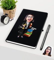 Kişiye Özel Bayan Avukat Karikatürlü Siyah Defter Kalem Seti - 2
