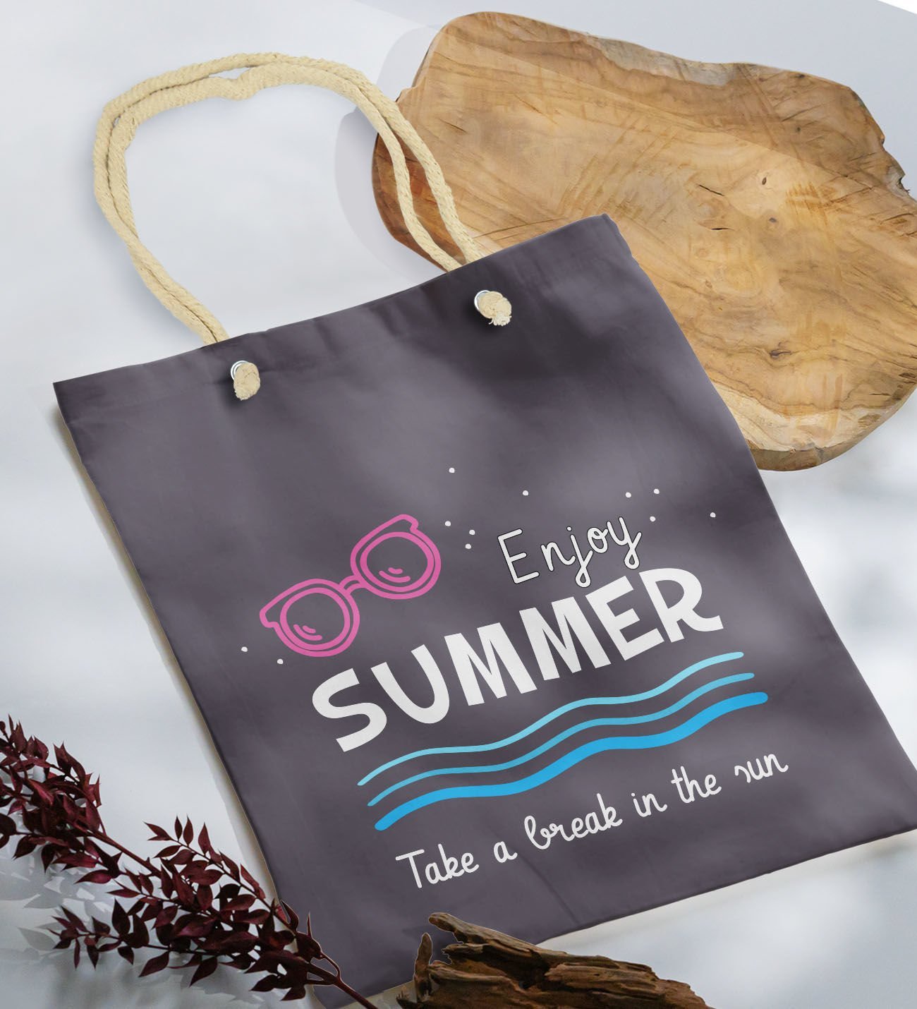 BK Gift Yaz Temalı Antrasit Halat Saplı Kumaş Plaj Çantası -8, Baskılı Omuz Çantası, Alışveriş Çantası, Arkadaşa Hediye, Sevgiliye Hediye