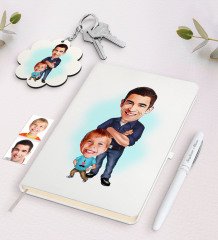 Kişiye Özel Baba Oğul Karikatürlü Beyaz Defter Kalem ve Anahtarlık Hediye Seti-2