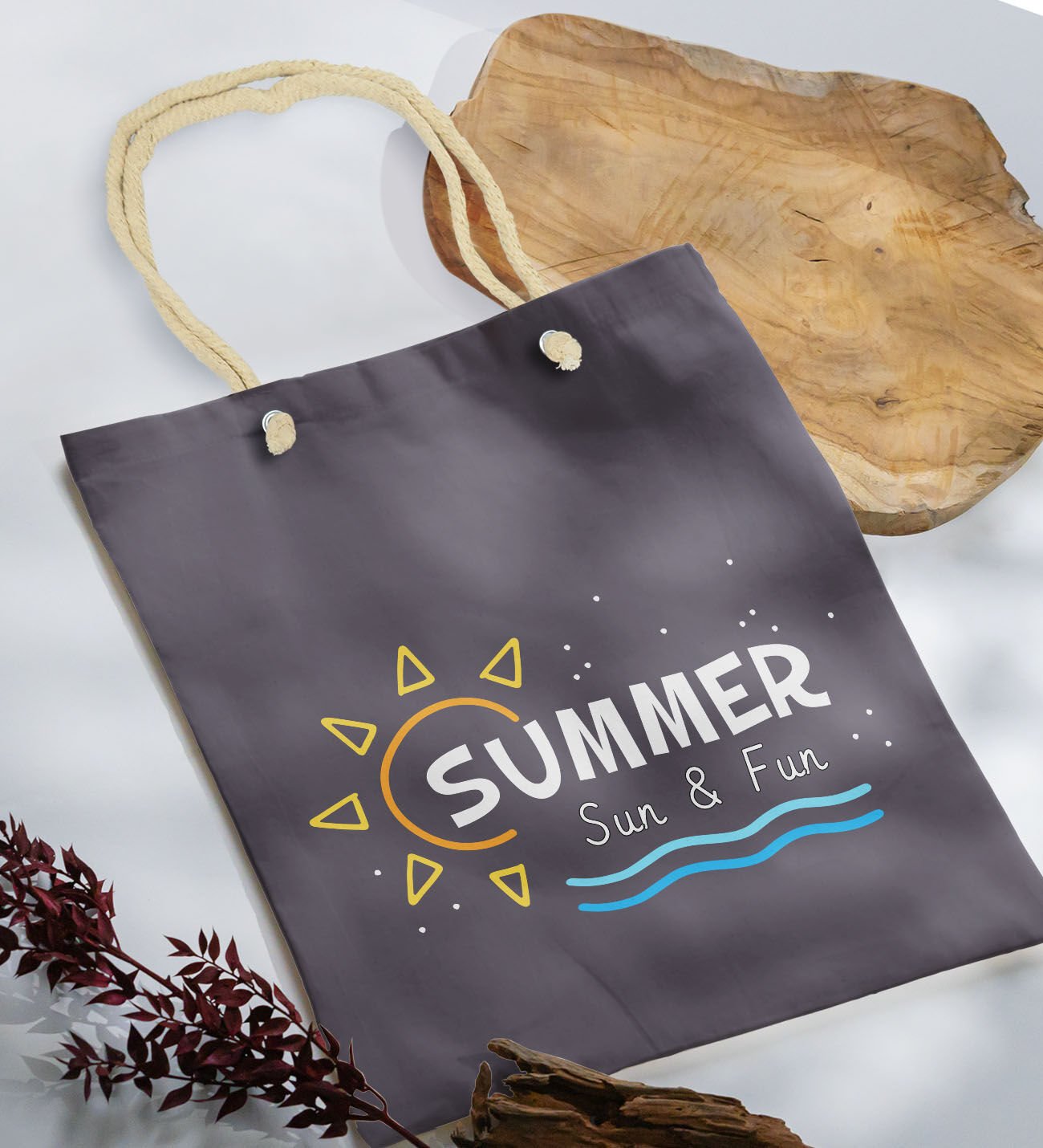 BK Gift Yaz Temalı Antrasit Halat Saplı Kumaş Plaj Çantası -9, Baskılı Omuz Çantası, Alışveriş Çantası, Arkadaşa Hediye, Sevgiliye Hediye