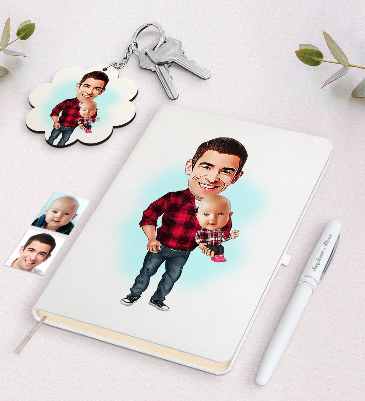 Kişiye Özel Baba Oğul Karikatürlü Beyaz Defter Kalem ve Anahtarlık Hediye Seti-3