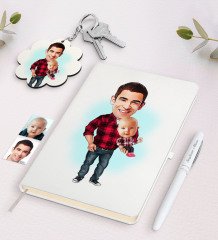 Kişiye Özel Baba Oğul Karikatürlü Beyaz Defter Kalem ve Anahtarlık Hediye Seti-3