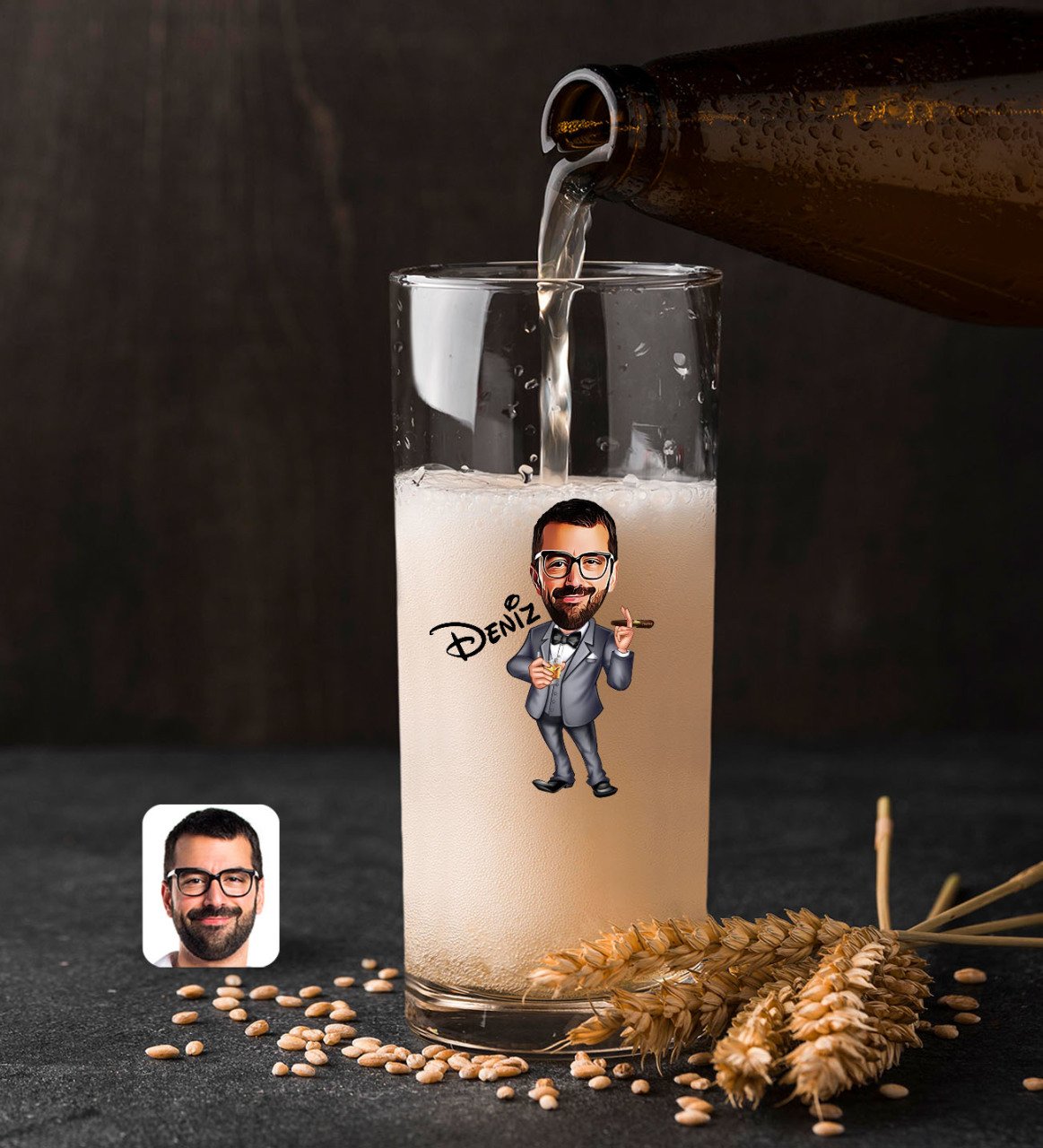 Kişiye Özel Erkek Patron Karikatürlü Renkli Baskılı Hiball Bira Bardağı-3