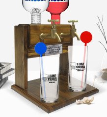 Kişiye Özel Renkli Baskılı I Like Vodka İkili Vodka Bardağı ve Çift Musluklu Doğal Ahşap Vodka Standı-1