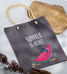 BK Gift Yaz Temalı Antrasit Halat Saplı Kumaş Plaj Çantası -10, Baskılı Omuz Çantası, Alışveriş Çantası, Arkadaşa Hediye, Sevgiliye Hediye