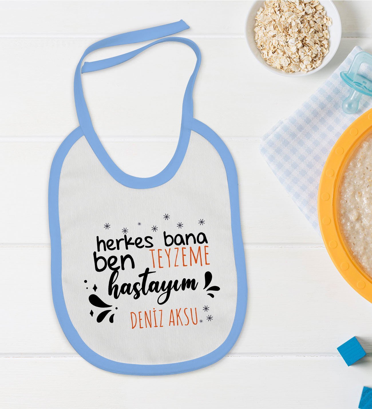 BK Kids Kişiye Özel Mavi Bebek Mama Önlüğü - Model 62