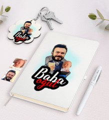 Kişiye Özel Baba Oğul Karikatürlü Beyaz Defter Kalem ve Anahtarlık Hediye Seti-4