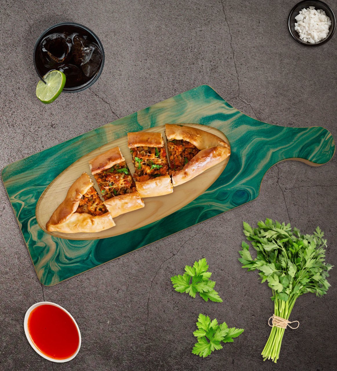 BK Gift Mermer Tasarımlı Dikdörtgen Şeklinde Doğal Ahşap Servis ve Sunum Tabağı Model 11