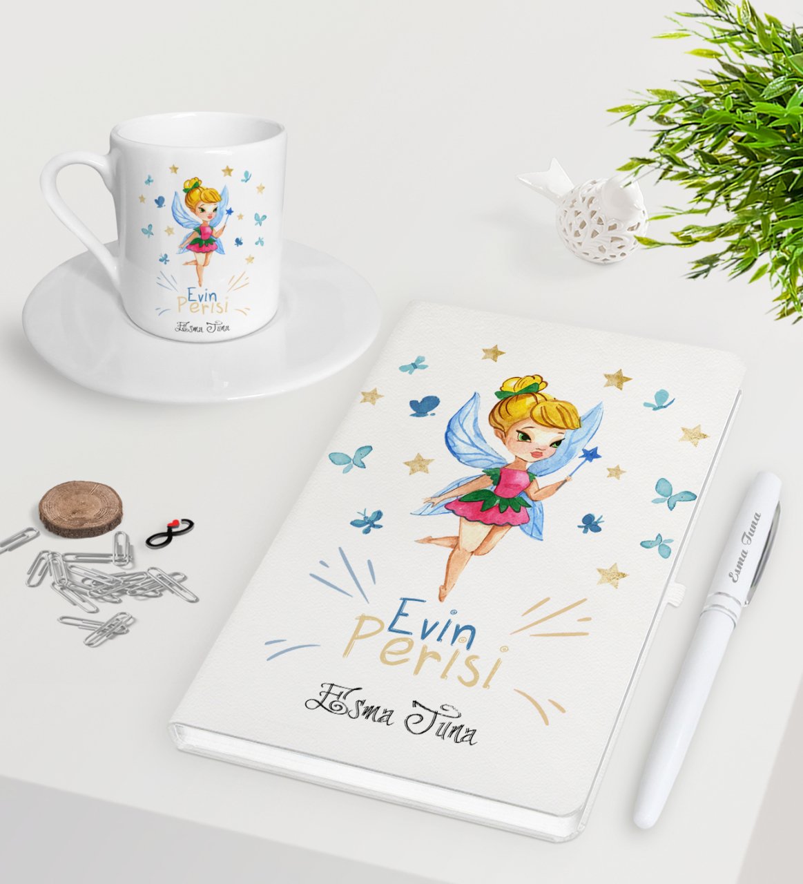 Kişiye Özel Evin Perisi Beyaz Defter Kalem Türk Kahvesi Fincanı Seti-1