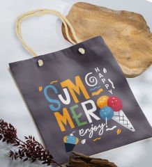 BK Gift Yaz Temalı Antrasit Halat Saplı Kumaş Plaj Çantası -12, Baskılı Omuz Çantası, Alışveriş Çantası, Arkadaşa Hediye, Sevgiliye Hediye