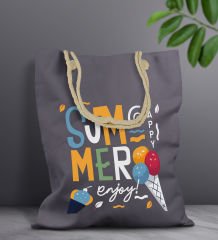 BK Gift Yaz Temalı Antrasit Halat Saplı Kumaş Plaj Çantası -12, Baskılı Omuz Çantası, Alışveriş Çantası, Arkadaşa Hediye, Sevgiliye Hediye