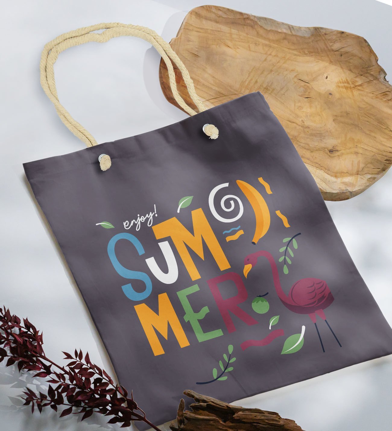 BK Gift Yaz Temalı Antrasit Halat Saplı Kumaş Plaj Çantası -13, Baskılı Omuz Çantası, Alışveriş Çantası, Arkadaşa Hediye, Sevgiliye Hediye