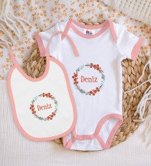 BK Kids Kişiye Özel Harfli İsimli Pembe Bebek Body Zıbın ve Mama Önlüğü Hediye Seti-4