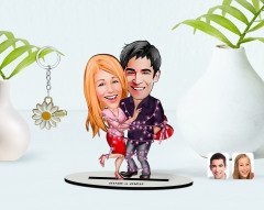Kişiye Özel Sevgililer Karikatürlü 3D Ahşap Biblo ve İsimli Gold Papatya Anahtarlık-2