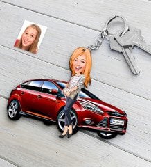 Kişiye Özel Bayan Ford Focus Figürlü Plakalı Ahşap Karikatür Anahtarlık
