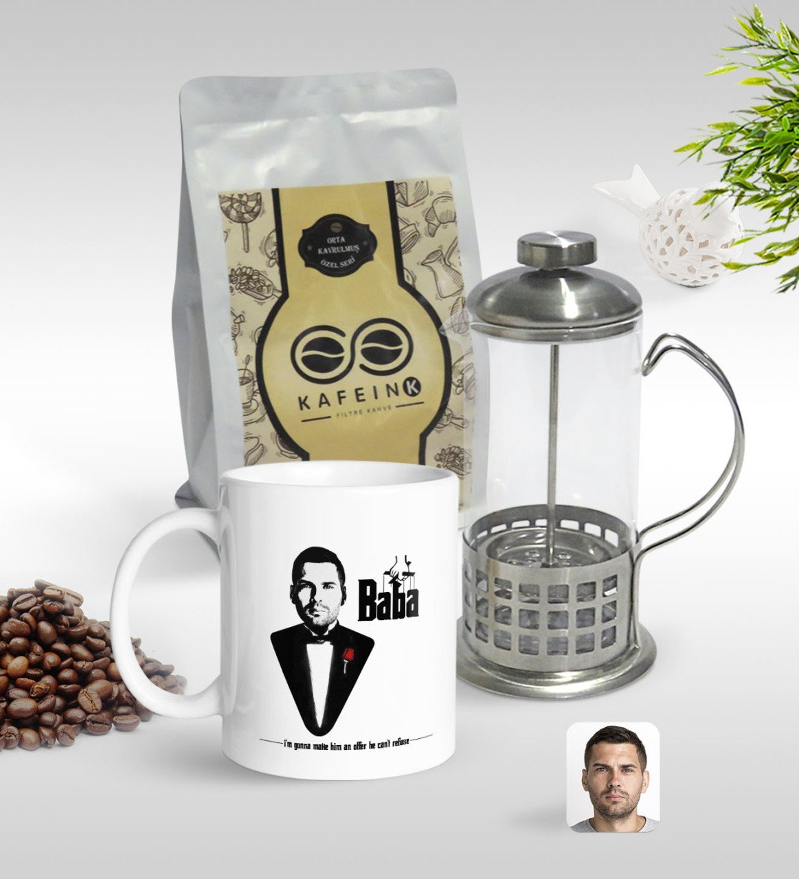 Kişiye Özel Godfather Baba Silüet Tasarımlı Kupa & French Press & 250gr Filtre Kahve Hediye Seti-6