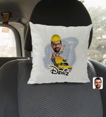 Kişiye Özel İsimli Erkek Yol Mühendisi Karikatürlü Kare Araç Koltuk Yastığı-1