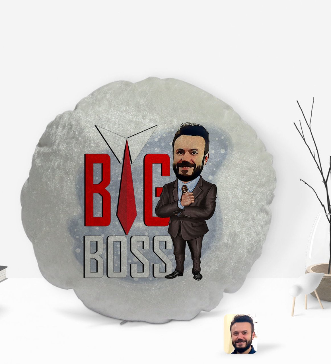 Kişiye Özel Erkek Big Boss Karikatürlü Yuvarlak Dekoratif Kırlent Yastık-4