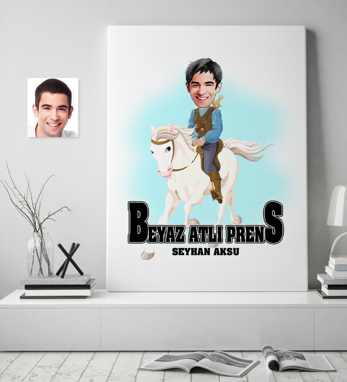 Kişiye Özel Beyaz Atlı Prens Karikatürlü Kanvas Tablo (50 x 70 cm.) 3
