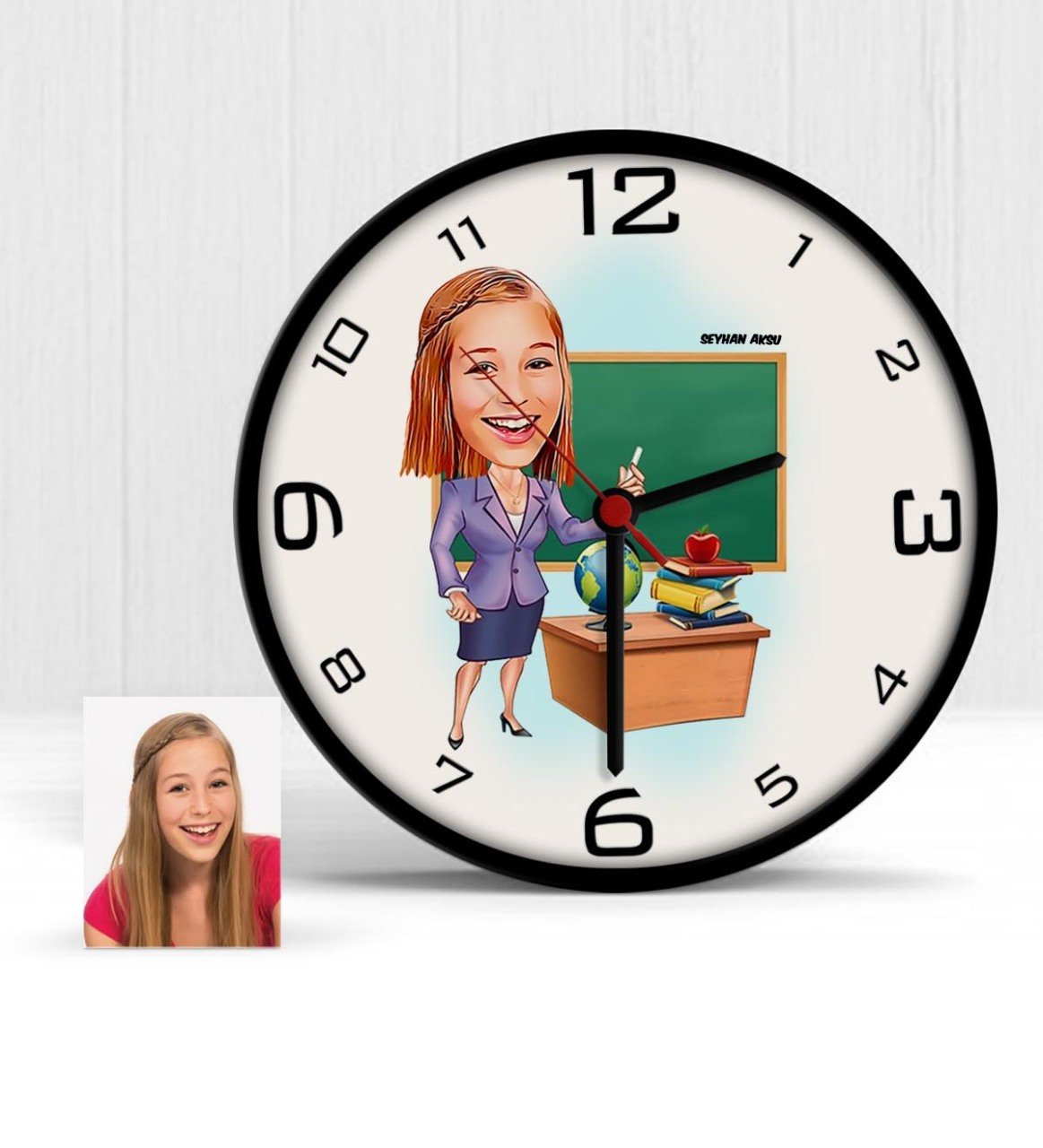 Kişiye Özel Öğretmen Karikatür Ahşap Duvar Saati - 1
