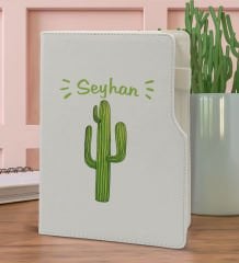 BK Gift Kişiye Özel Kaktüs Tasarımlı Beyaz Termo Deri Not Defteri 15x21cm-1
