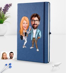 Kişiye Özel Sevgililer Karikatürlü Karikatürlü Lacivert Termo Deri Defter 16x24cm Model 93