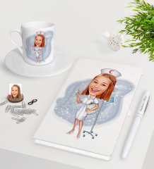 Kişiye Özel Hemşire Karikatürlü Beyaz Defter Kalem Türk Kahvesi Fincanı Seti-2