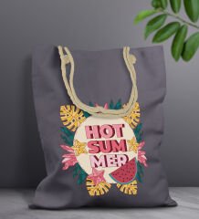 BK Gift Yaz Temalı Antrasit Halat Saplı Kumaş Plaj Çantası -16, Baskılı Omuz Çantası, Alışveriş Çantası, Arkadaşa Hediye, Sevgiliye Hediye