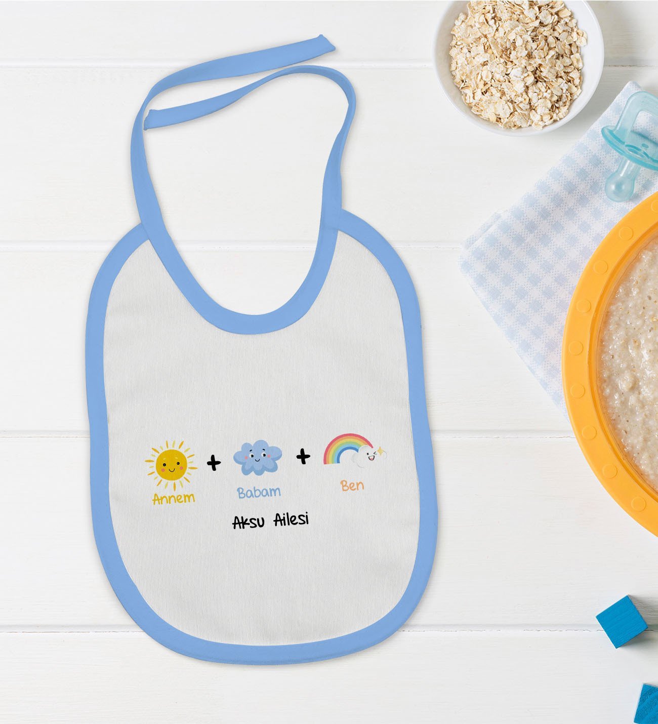 BK Kids Kişiye Özel Mavi Bebek Mama Önlüğü - Model 70