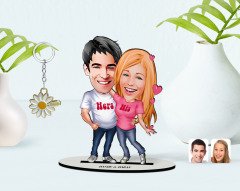 Kişiye Özel Sevgililer Karikatürlü 3D Ahşap Biblo ve İsimli Gold Papatya Anahtarlık-5