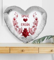 Kişiye Özel Sevgililer Günü Gümüş Yaldız Sihirli Kalp Yastık - 57