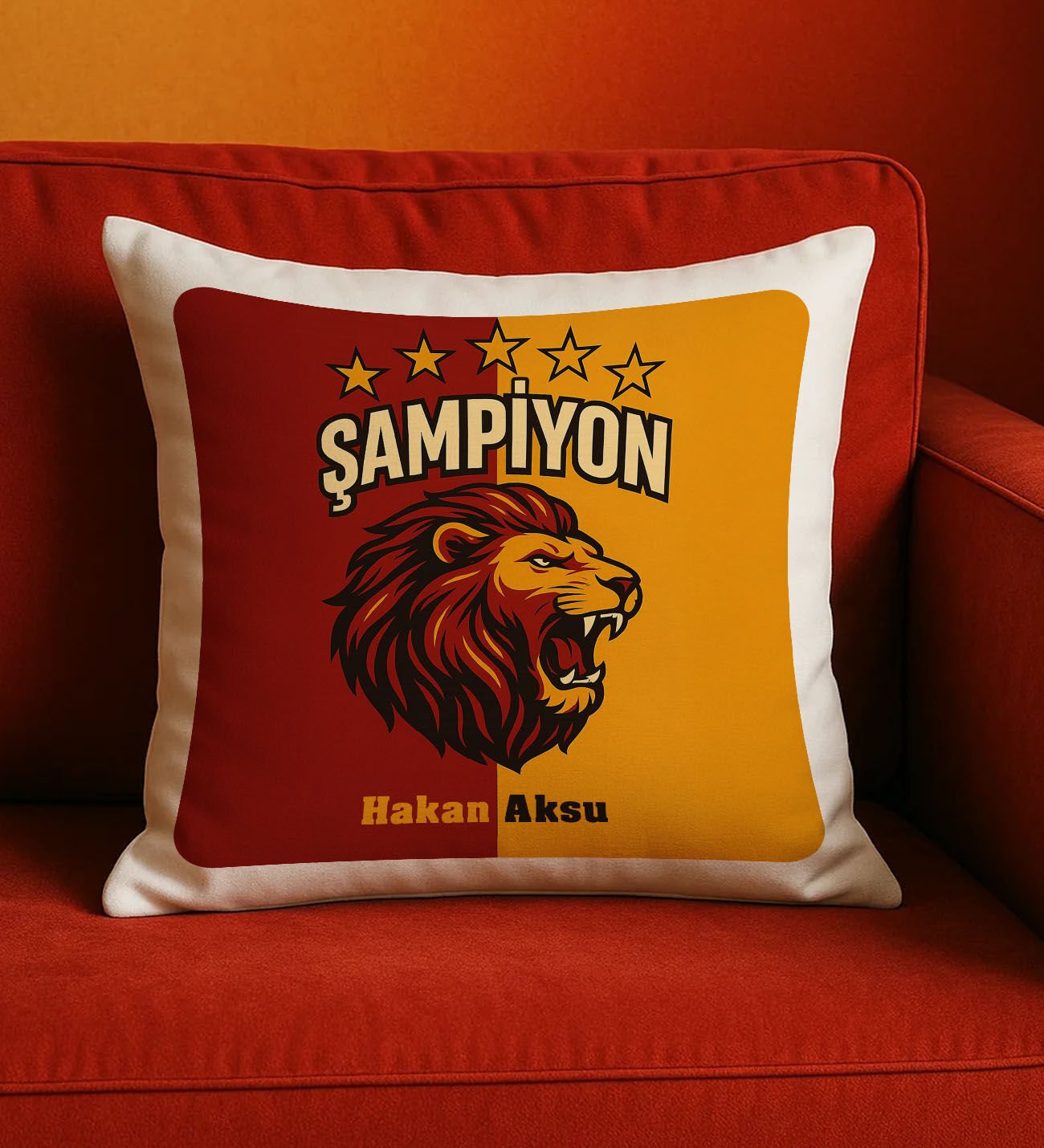 BK Gift Kişiye Özel Sarı Kırmızı 5 Yıldız Aslan Taraftar Tasarımlı Beyaz Kırlent Yastık-3, Taraftar Hediyesi, Doğum Günü Hediyesi, Arkadaşa Hediye