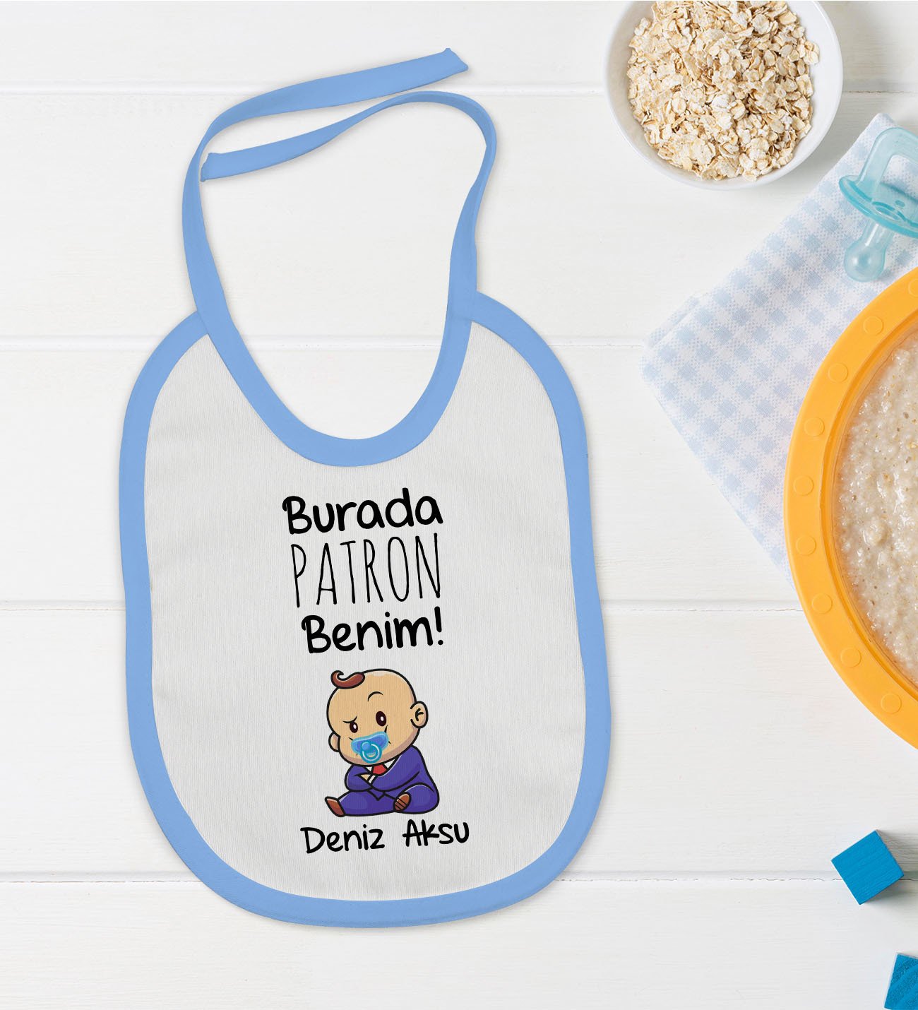 BK Kids Kişiye Özel Mavi Bebek Mama Önlüğü - Model 71