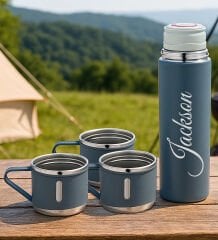BK Gift Kişiye Özel İsimli Üçlü Bardak Paslanmaz Gri Çelik Termos Seti 500 ML, Arkadaşa Hediye, Sevgiliye Hediye, Yeni İş Hediyesi
